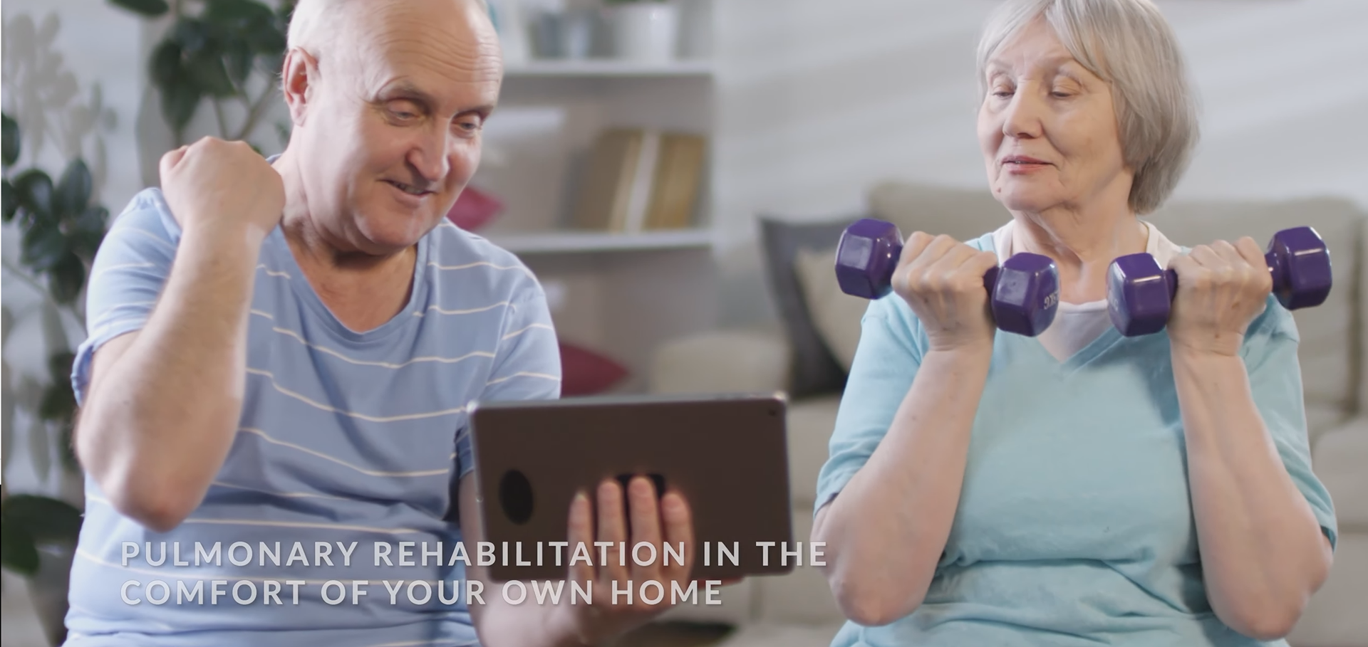 A man and a woman doing pulmonary rehabilitation exercises using myCOPD