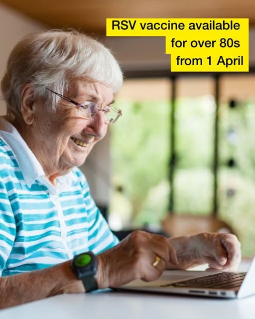 An older woman using a laptop and the words RSV vaccine available for over 80s from 1 April