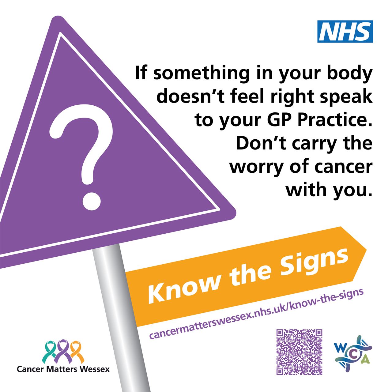 Know the Signs poster - if something in your body doesn't feel right speak toyour GP Practice.  Don't carry the worry of cancer with you.