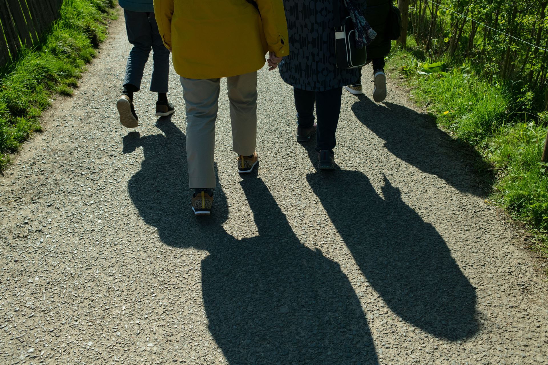 a small group of people walking, their shadows reflected on the pavement as they walk away