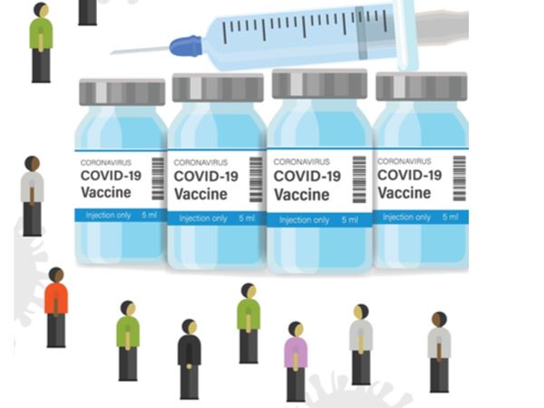 a cartoon image of covid vaccination vials and people surrounding them