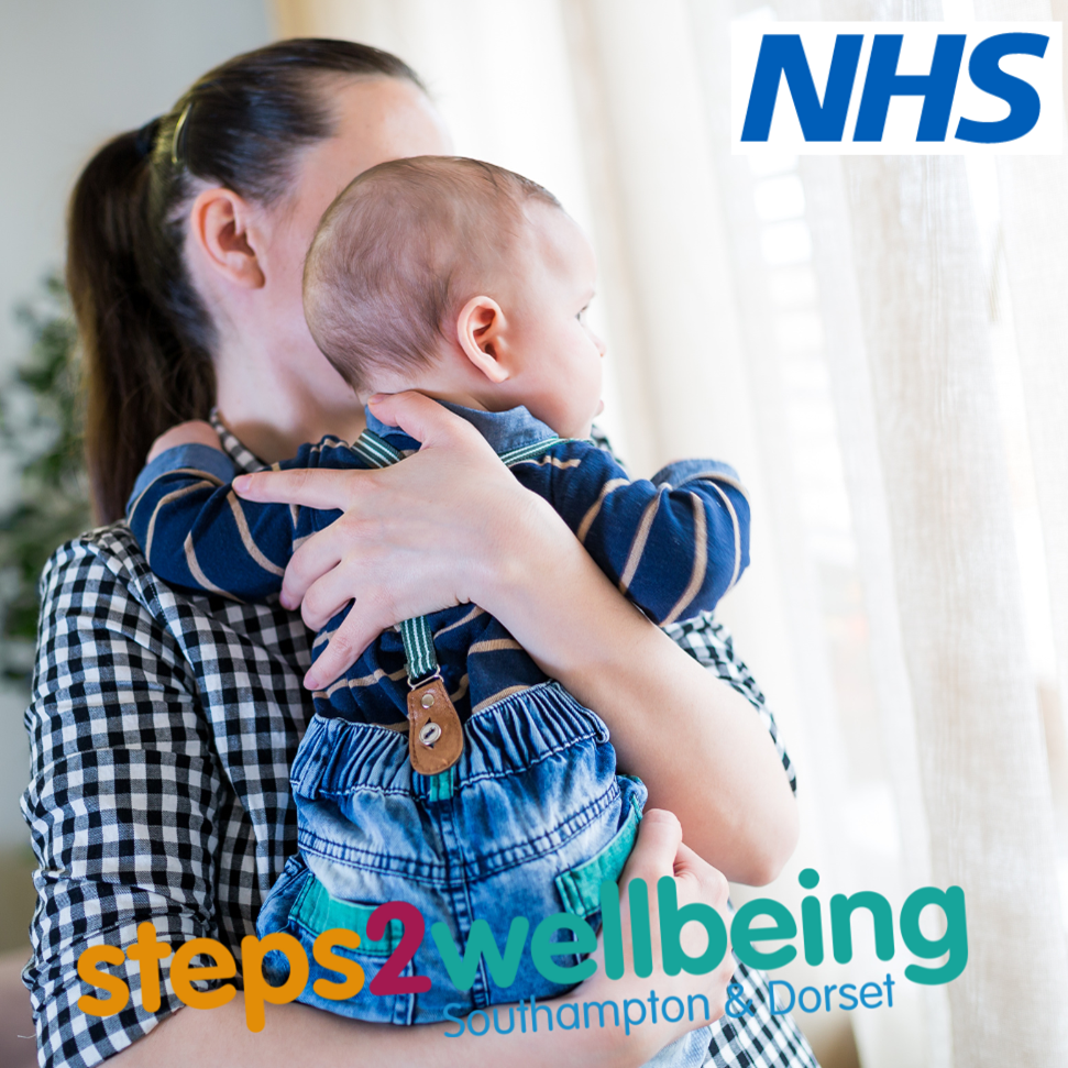 A woman holding a baby, the NHS and Steps2Wellbeing logos