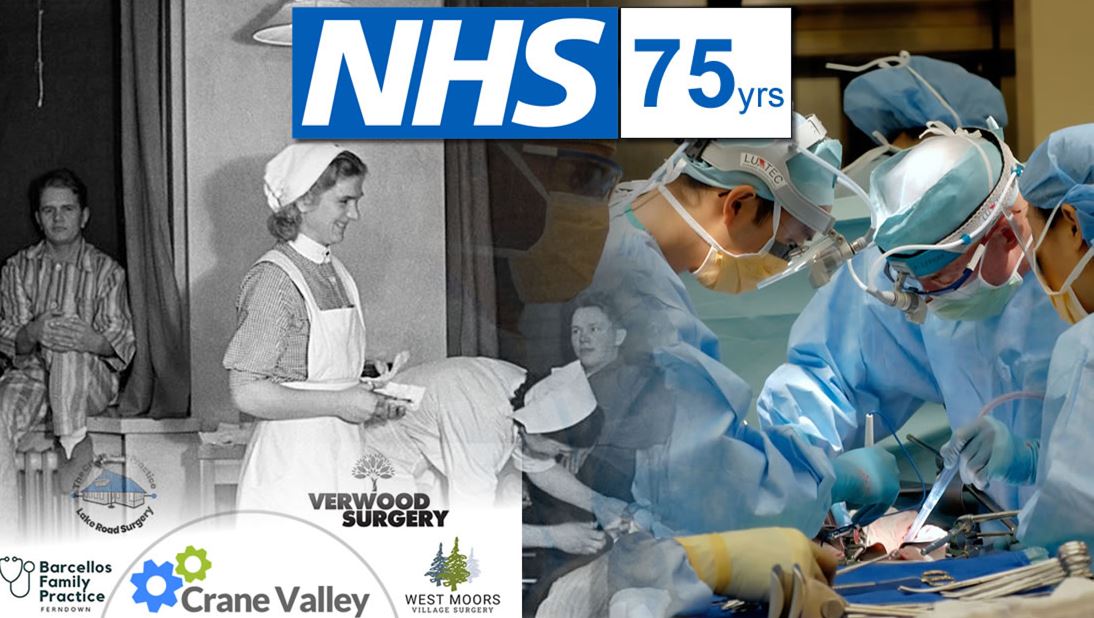 The NHS 75, the PCN and GP Practice logos, the image shows a hospital in 1948, two nurses in uniform and a modern day operating theatre scene with surgeons performing an operation